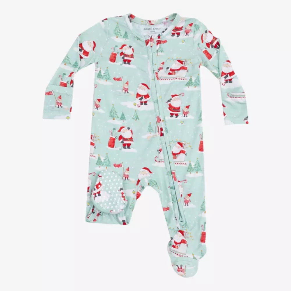 Golfing Santa and Elves- 2 Way Zipper Footie- Spearmint