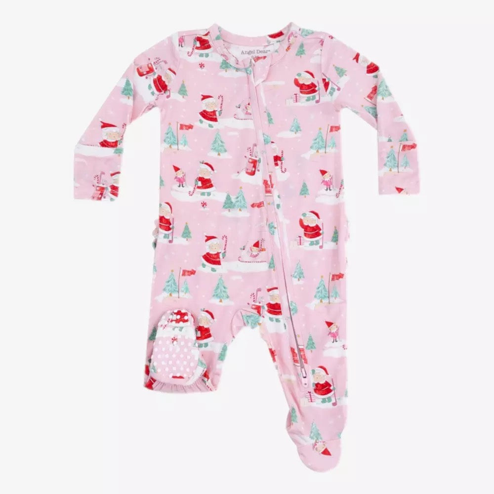 Mrs. Claus and Elves Golfing- 2 way Zipper Ruffle Back Footie All Pink