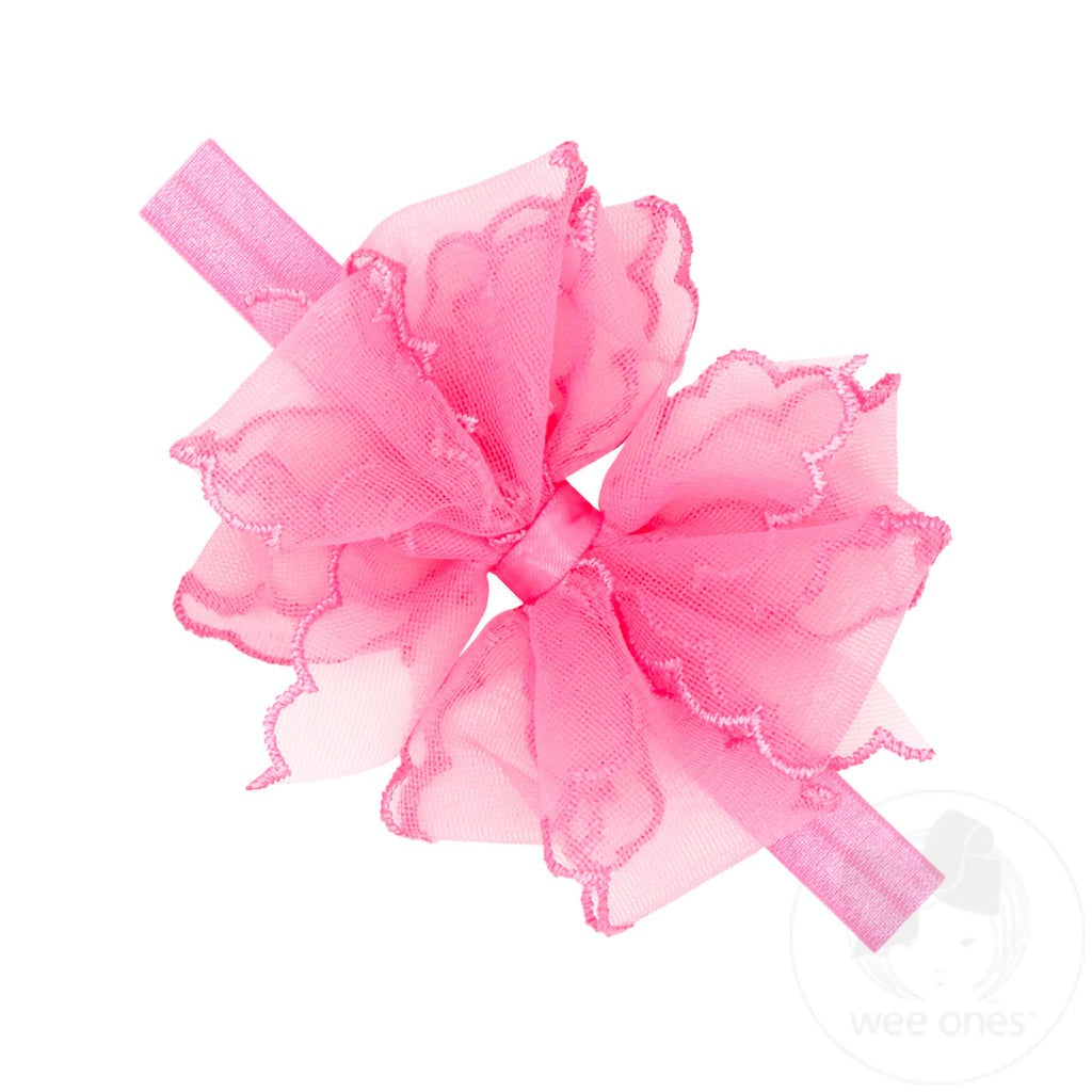 Hot Pink-Medium Double Organza Scalloped Hair bow Headband