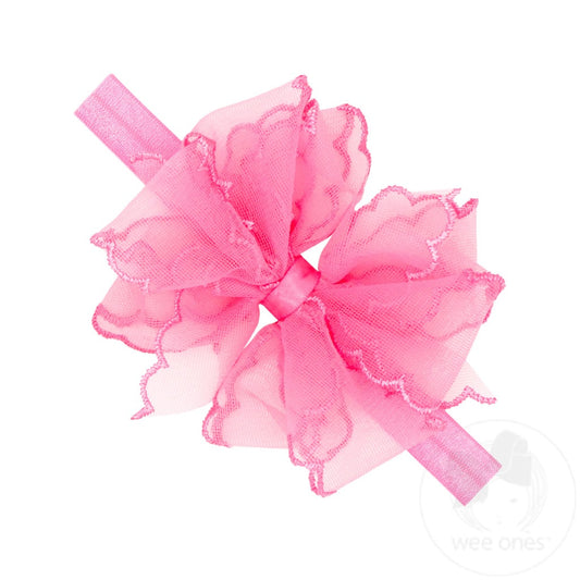Hot Pink-Medium Double Organza Scalloped Hair bow Headband