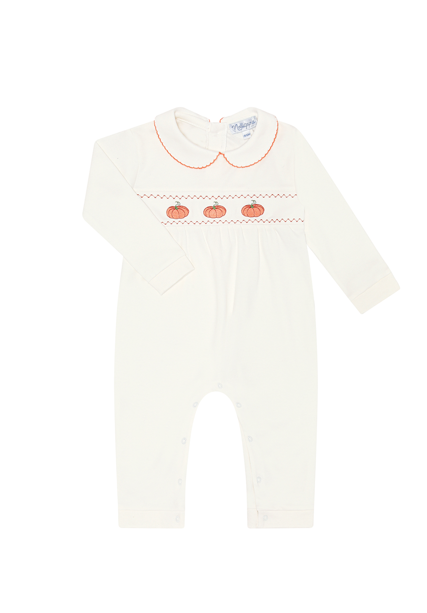 A long-sleeve baby playsuit in ivory with embroidered orange and red details on the chest, shown as a product overlay on a dark gray Shopify product page background.