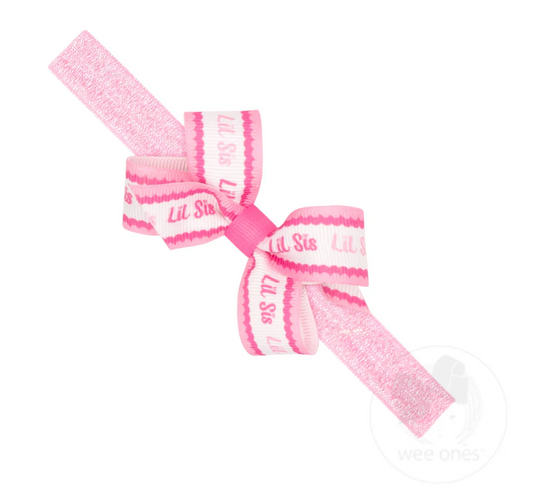Wee Ones Mini Lil Sis Print Grosgrain Hair Bow on Metallic Baby Band