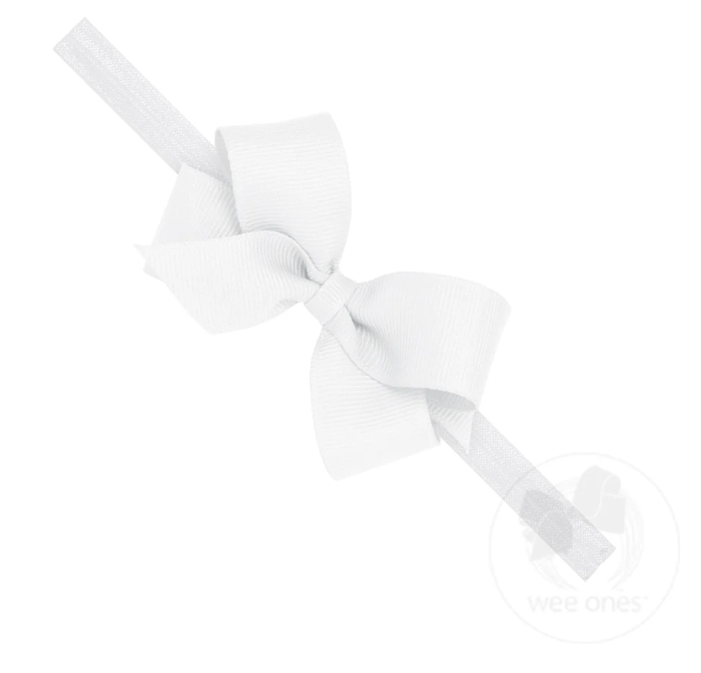 Wee Ones White Mini Grosgrain Girls Hair Bow on a Soft Elastic Baby Band