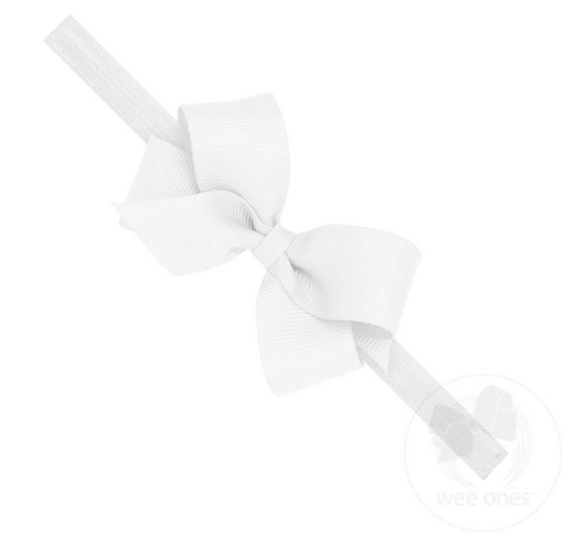 Wee Ones White Mini Grosgrain Girls Hair Bow on a Soft Elastic Baby Band