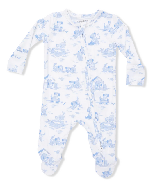 Puppy Toile Blue Zipper Footie