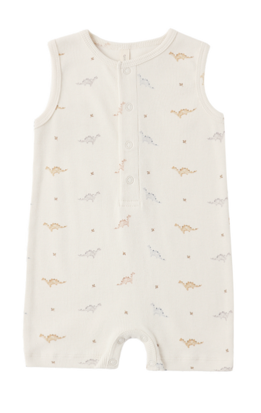 Quincy Mae Ribbed Henley Romper - Dinos