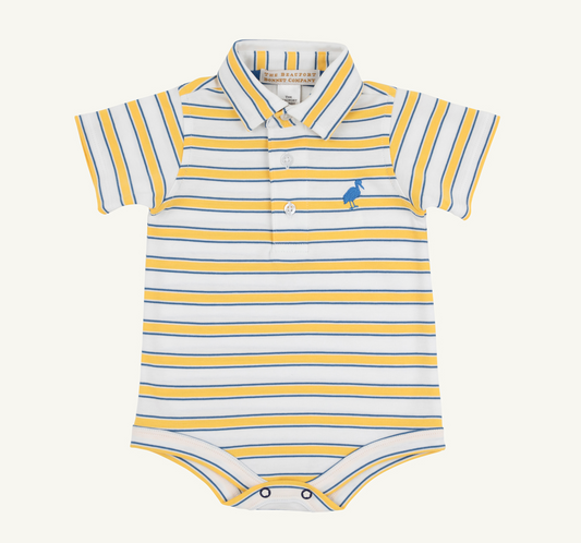 The Beaufort Bonnet Company Prim And Proper Polo Ss-pima Onesie Lake Claire Lines/Wood Boat Blue