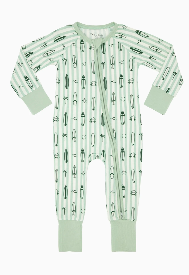 In My Jammers Green Surfs Up Zipper Romper