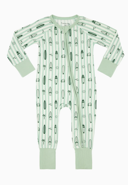 In My Jammers Green Surfs Up Zipper Romper