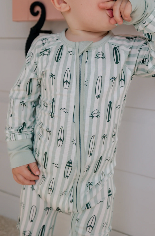 In My Jammers Green Surfs Up Zipper Romper