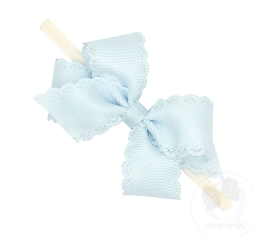 Wee One's Small Grosgrain Hair Bow with Embossed Eyelet Edge on White Nylon Band