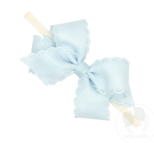 Wee One's Small Grosgrain Hair Bow with Embossed Eyelet Edge on White Nylon Band
