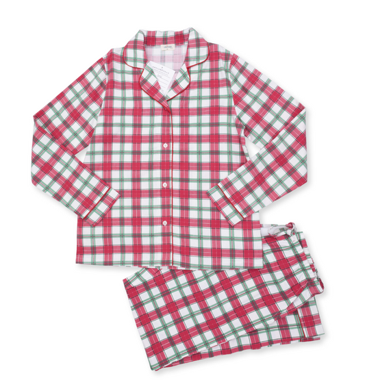 Adult Holiday Plaid Long Sleeve Lounge Set - Coat Style And Pant With Pockets