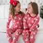 SoftSnooze™ Toddler Girls Bamboo Viscose Red Dear Santa Ruffle Long Sleeve Pajama Set with Signature Rear Ruffles
