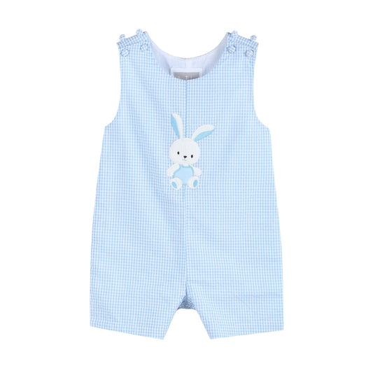Light Blue Gingham Easter Bunny Applique Shortalls