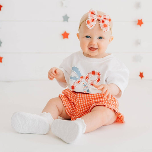 Patchwork Bow Patch Short Sleeve Romper - Fourth of July