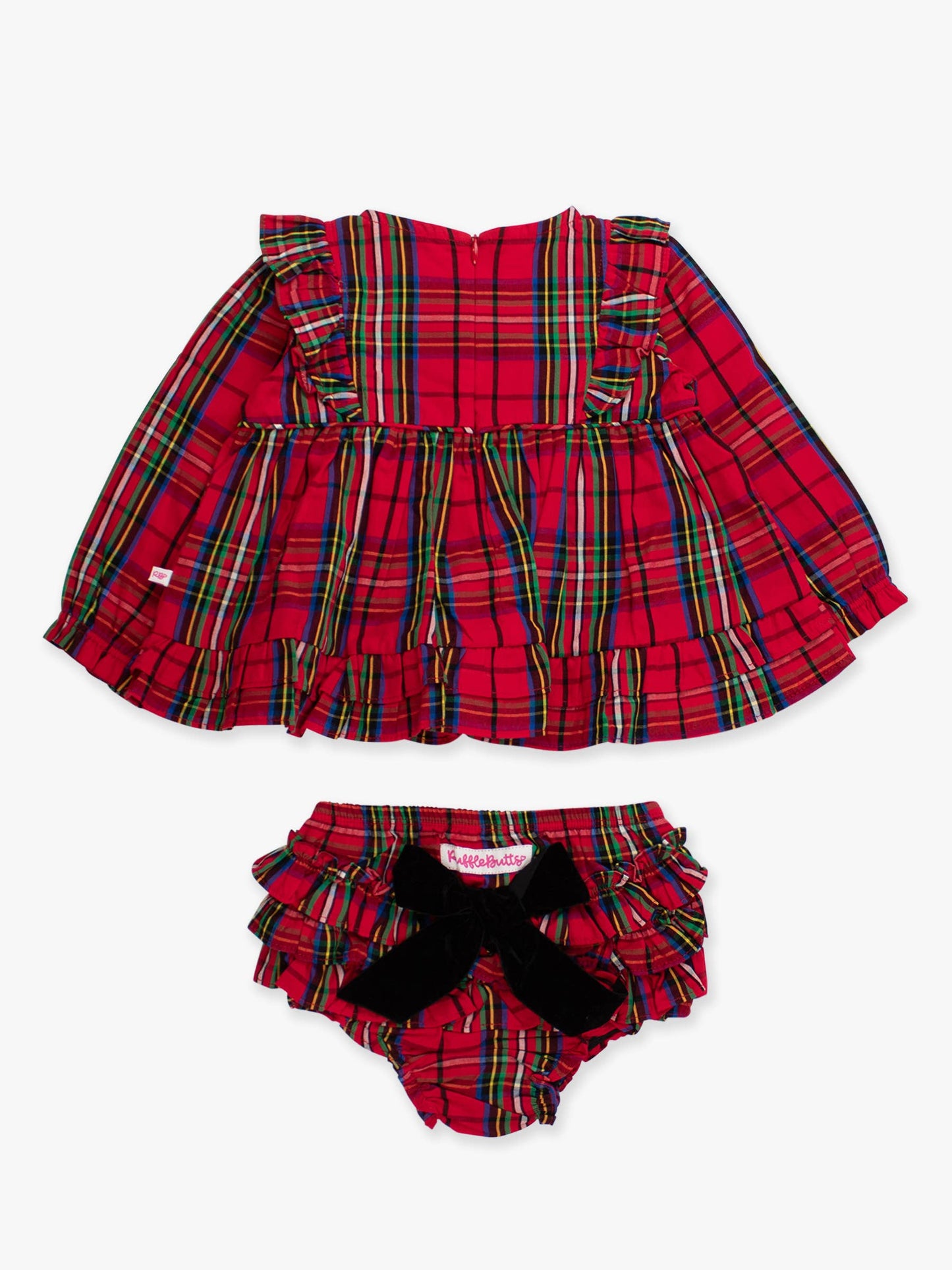 Baby Girls Red Nicholas Plaid Woven Long Sleeve Waterfall Bow Swing Top & Bloomer Set