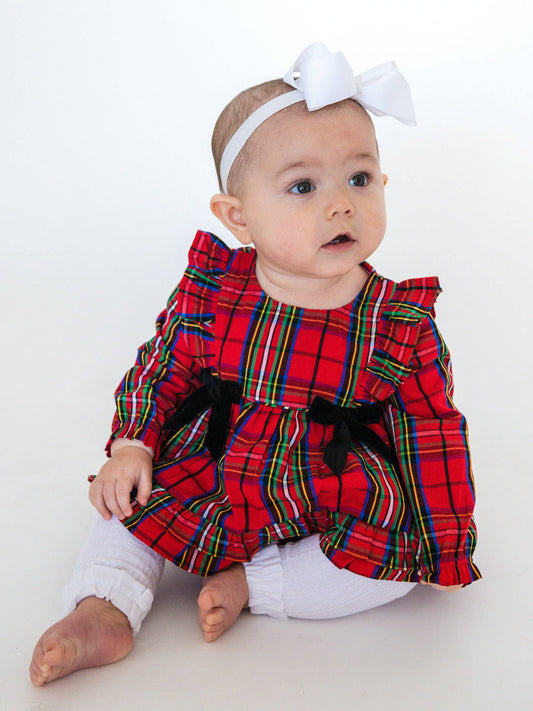 Baby Girls Red Nicholas Plaid Woven Long Sleeve Waterfall Bow Swing Top & Bloomer Set