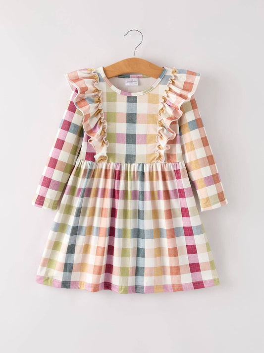 Fall Thanksgiving Plaid Long Sleeve Girls Dress