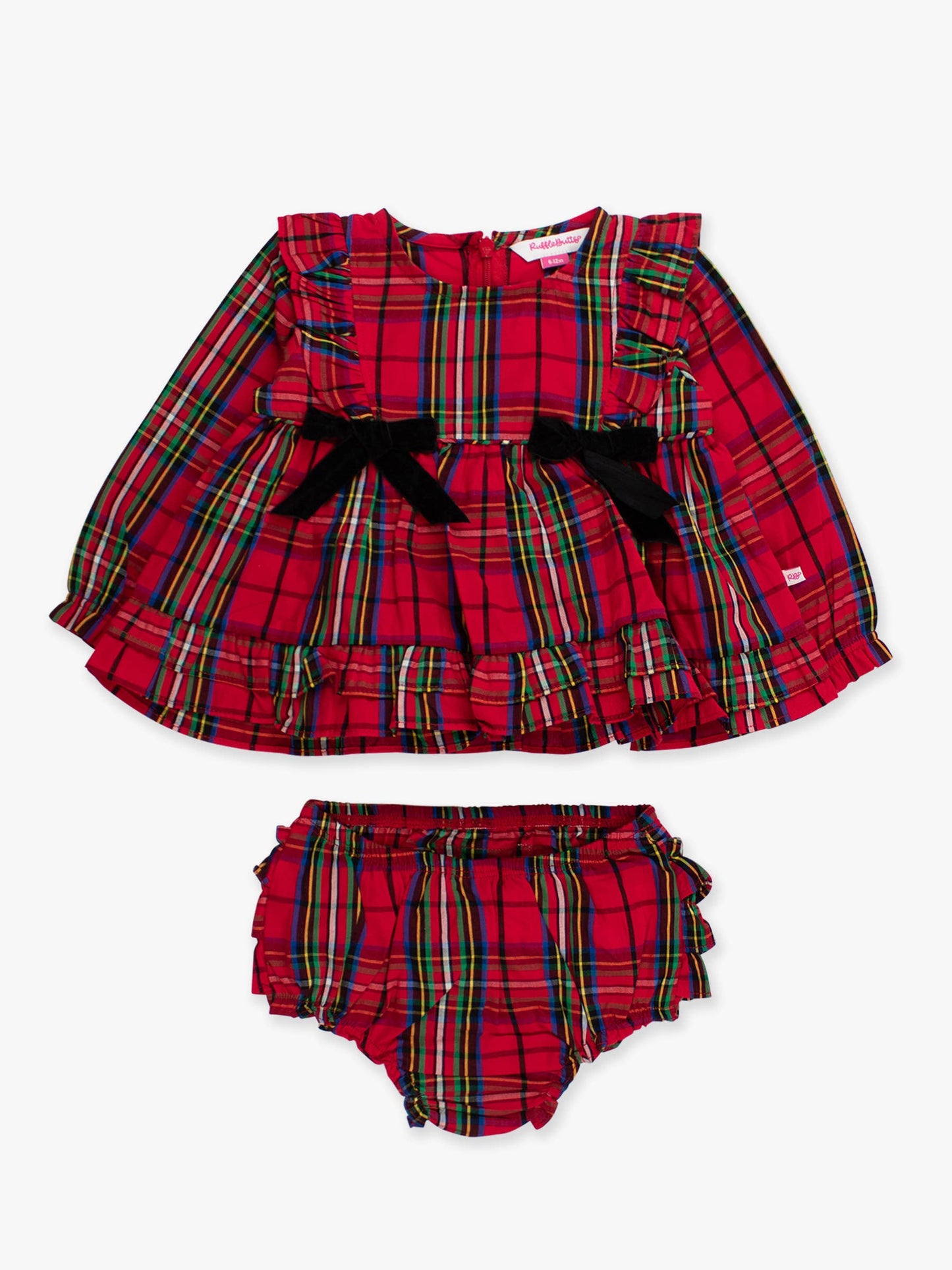 Baby Girls Red Nicholas Plaid Woven Long Sleeve Waterfall Bow Swing Top & Bloomer Set