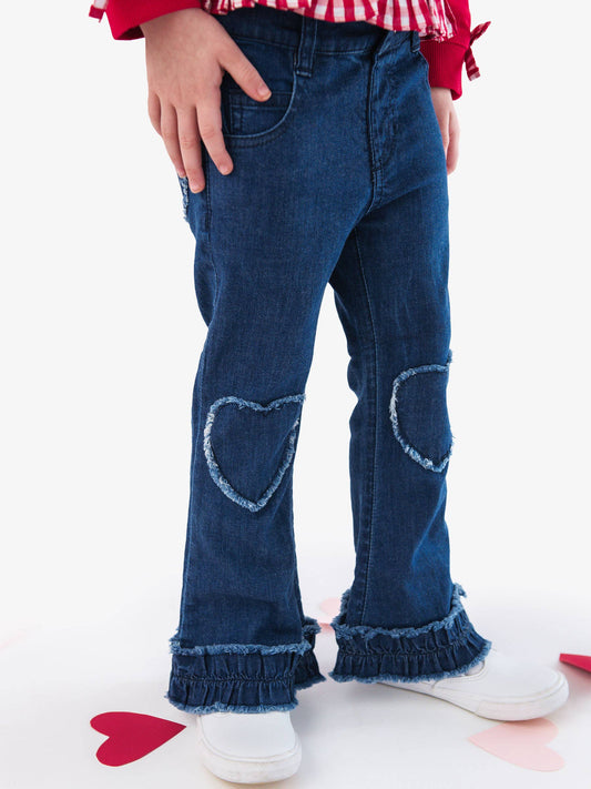 Girls Medium Wash Denim Heart Applique Crop Flare Jeans