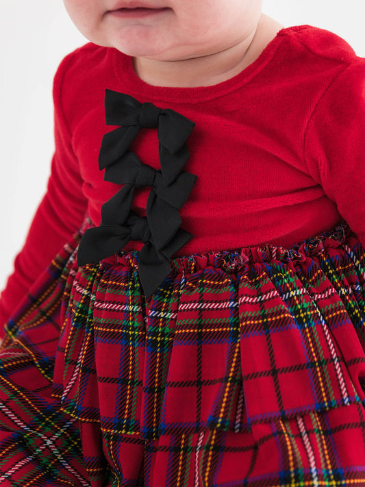 Baby Girls Red Nicholas Plaid Velour & Tulle Long Sleeve Twirl Romper