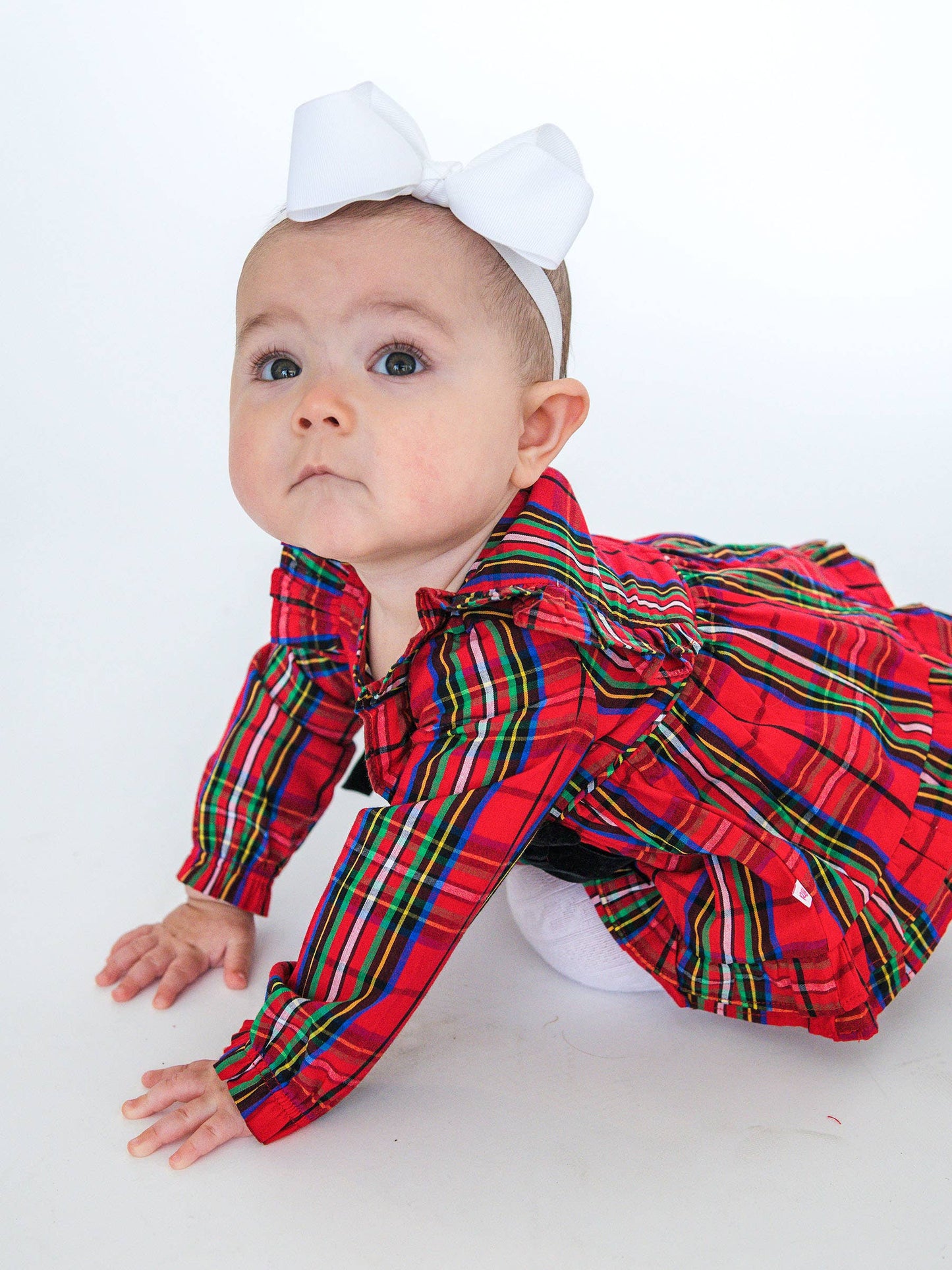 Baby Girls Red Nicholas Plaid Woven Long Sleeve Waterfall Bow Swing Top & Bloomer Set