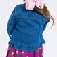 Girls Medium Wash Denim Stretch Denim Ruffle Jean Jacket with Heart Buttons