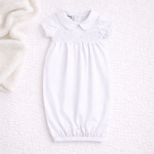 Blessed Smocked Collared Gown - White