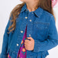 Girls Medium Wash Denim Stretch Denim Ruffle Jean Jacket with Heart Buttons