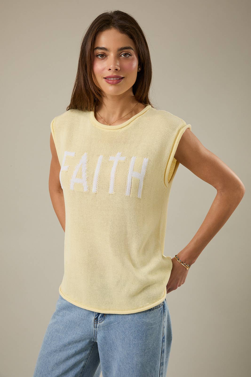 ROLLUP MUSCLE TEE "FAITH" LT WEIGHT SWEATER TOP