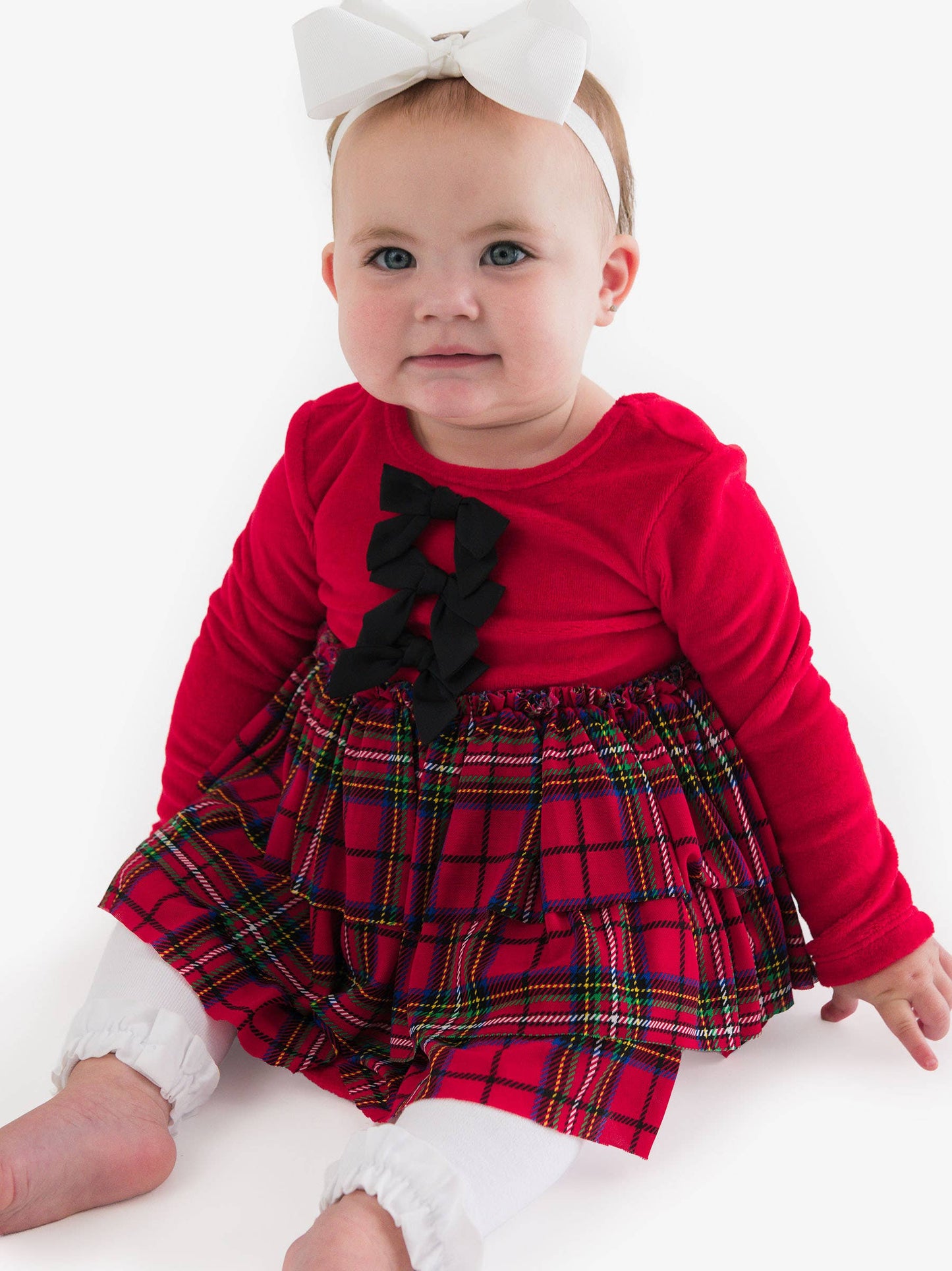 Baby Girls Red Nicholas Plaid Velour & Tulle Long Sleeve Twirl Romper